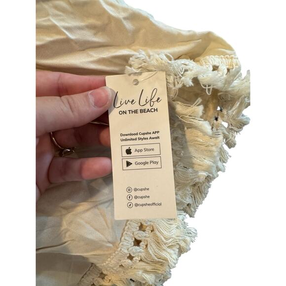 NWT Cupshe Boho Tassel Mini Dress M Beige V-Neck Embellished Lined Beach Coverup - Picture 9 of 12